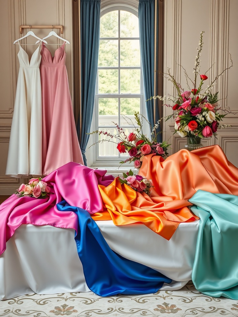 A variety of silk and satin wedding dresses in different colors displayed alongside flowers.