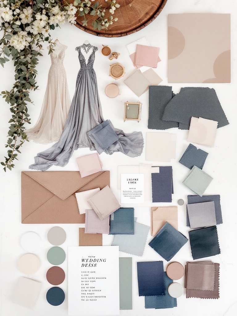 A color palette and dress options for colored wedding dresses, showcasing different shades and styles.