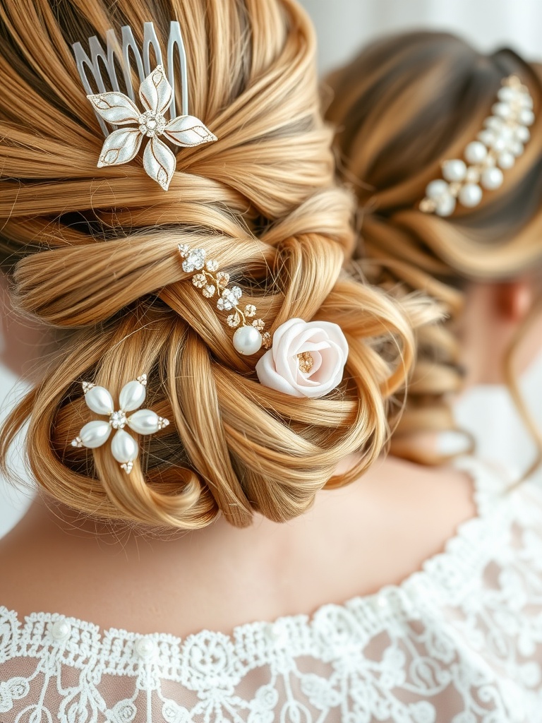 Elegant hairstyle with coordinated bridal hair accessories including clips and a comb