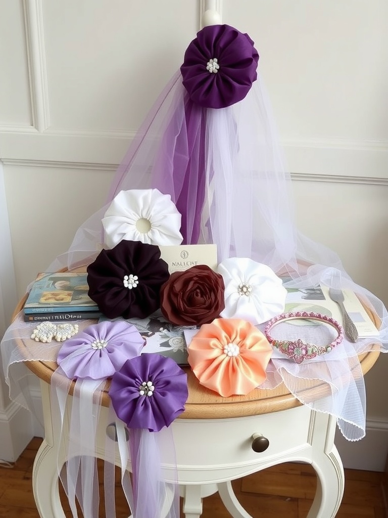 Three brides with veils and various hair accessories on a table, showcasing a harmonious bridal style.