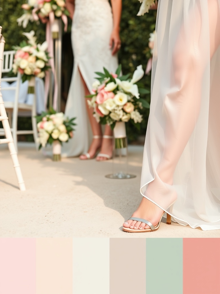 Bridal shoes set against a backdrop of floral arrangements and elegant decor