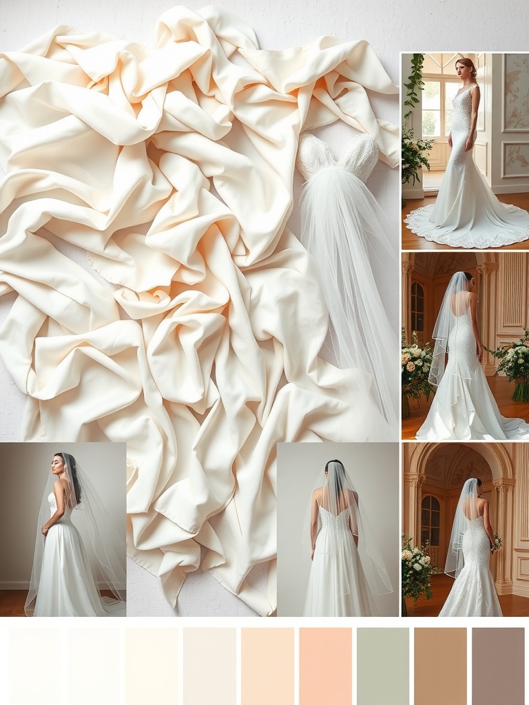 Various bridal veil styles and wedding dress fabrics showcased together.