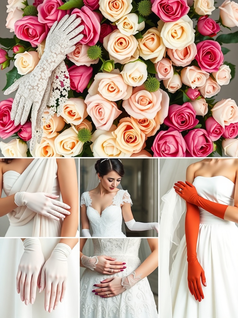 A collection of bridal gloves in various colors and styles displayed among roses.