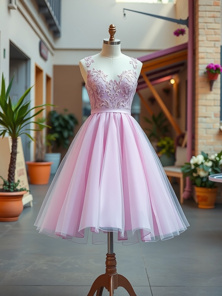 A tea-length bridal gown in soft pink displayed on a mannequin with delicate embroidery.