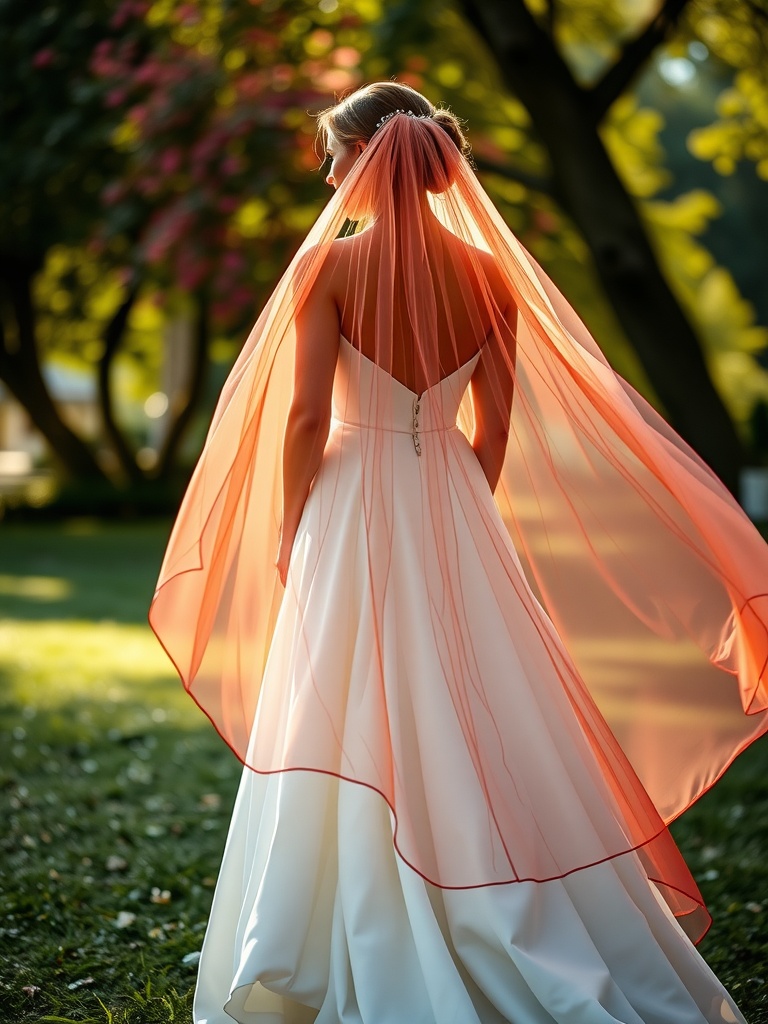 A bride wearing a coral wedding capelet over a white dress, standing in a garden.