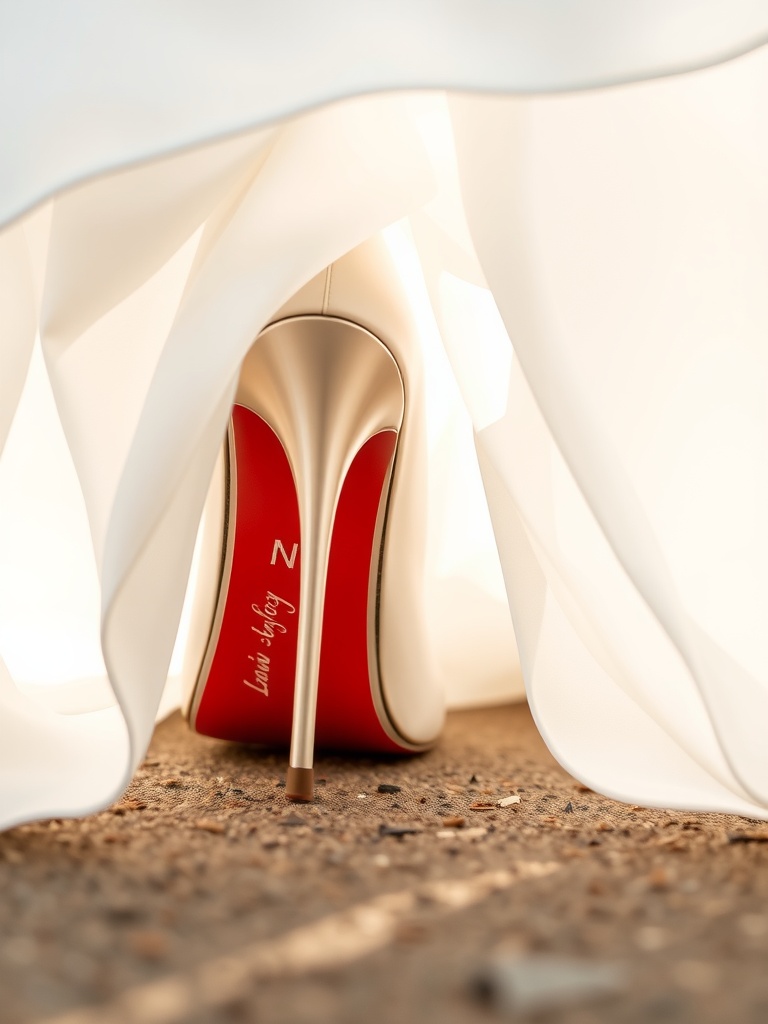 Close-up of the sole of a wedding shoe peeking out from under a wedding gown.