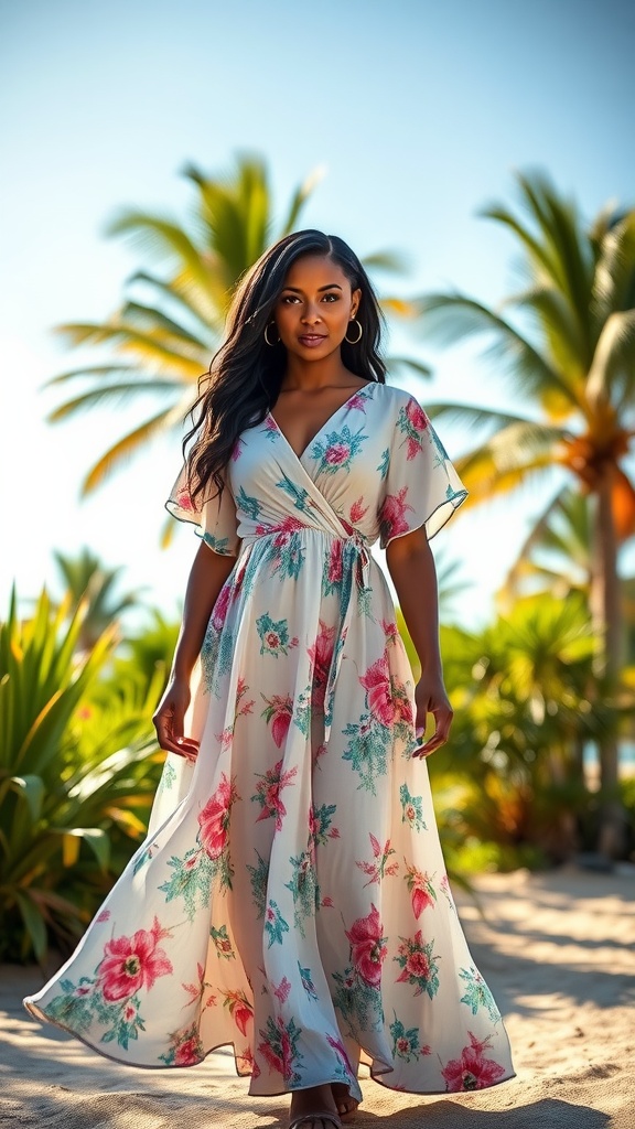 A woman in a colorful wrap dress with short sleeves, walking in a tropical setting surrounded by palm trees.