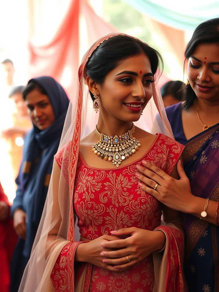 A bride wearing a traditional outfit with heirloom jewelry, surrounded by family members, showcasing cultural elements.