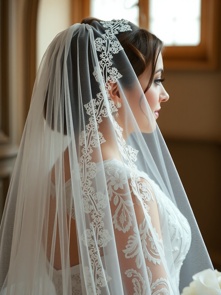 A bride wearing a beautifully embroidered veil with lace detailing.