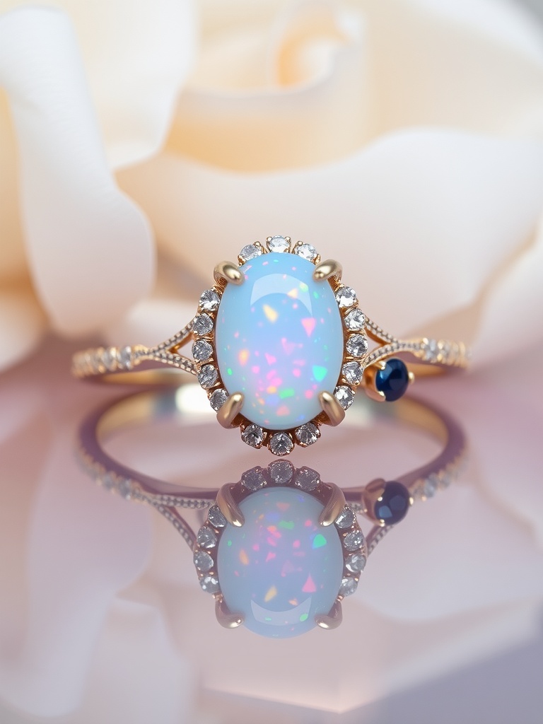 A stunning opal engagement ring surrounded by delicate flowers.