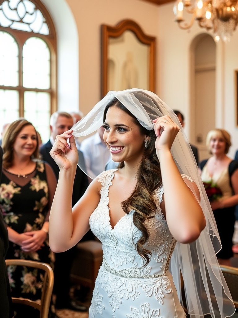 A bride adjusting her veil during a wedding ceremony, showcasing elegance and tradition.