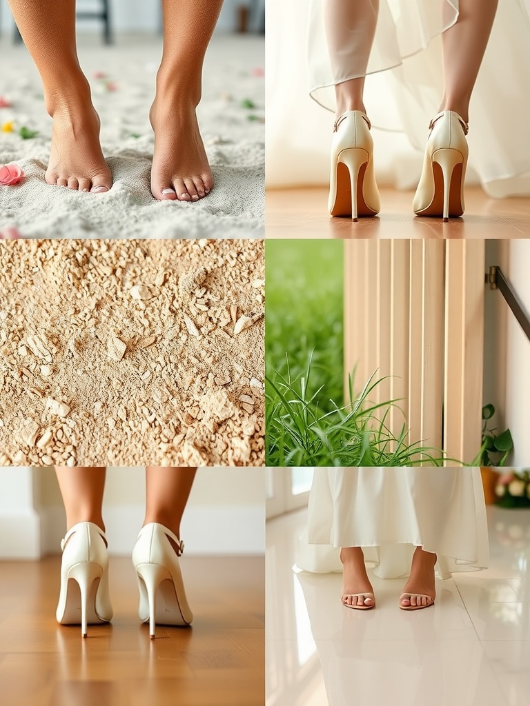 A collage of bridal footwear options on different surfaces: barefoot on sand, heels on wood floor, and sandals on grass.