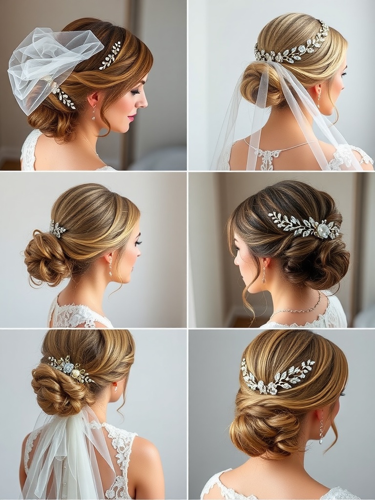 Bridal hairstyles showing different ways to combine veils with hair accessories such as tiaras and combs.