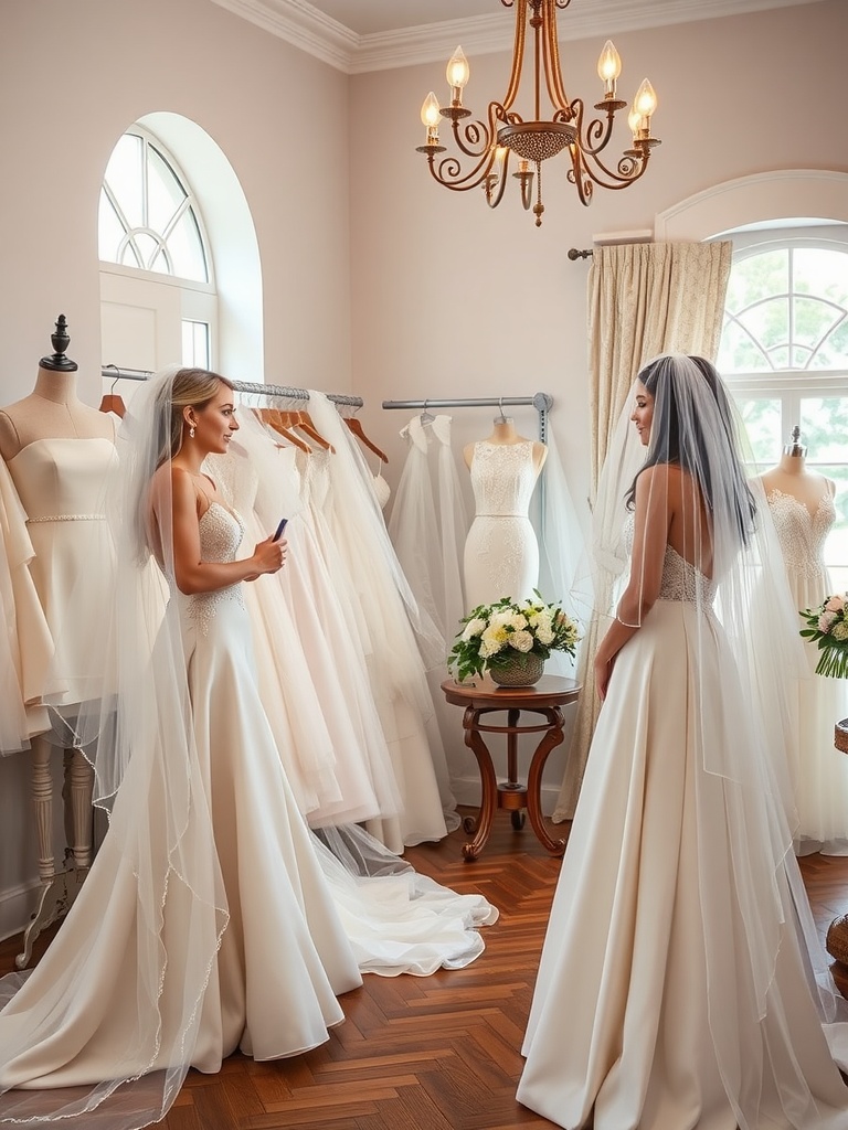 Two brides trying on dresses and veils in a bridal shop.