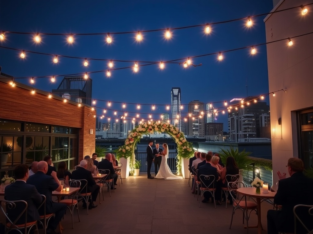 A romantic outdoor wedding ceremony on a rooftop patio at night with city skyline in the background.