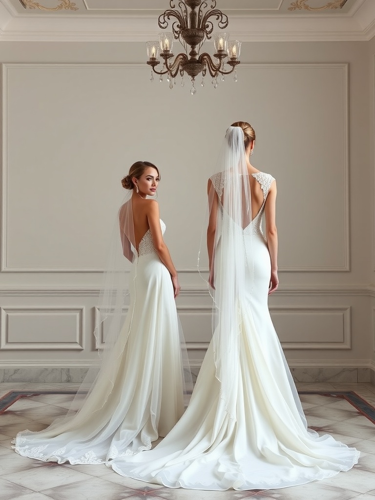Two brides wearing elegant convertible wedding dresses with unique designs and flowing trains