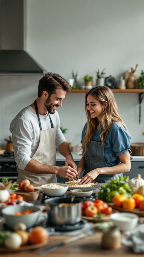 Couple cooking together in a stylish kitchen, smiling and enjoying the moment.