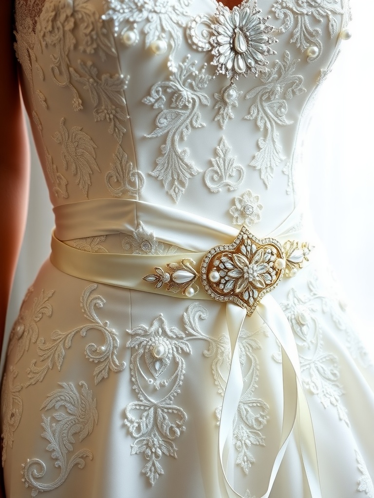 Close-up of a wedding dress with intricate embroidery and a decorative bridal belt.