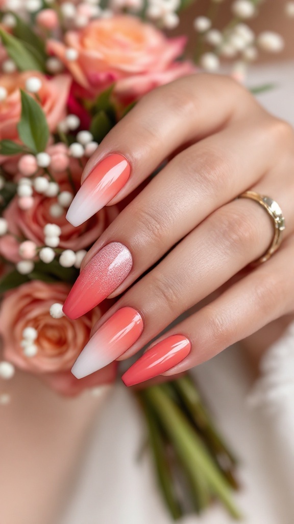 A hand with coral to peach gradient ombre nails holding a bouquet of flowers.