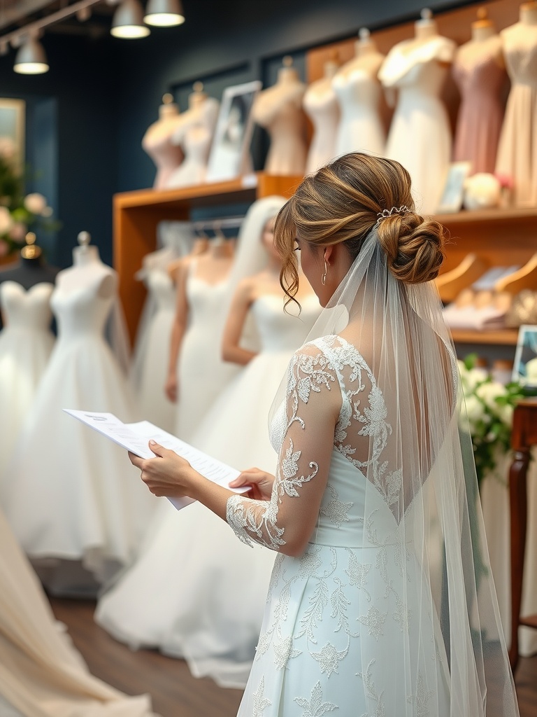 A modern bride holding a list of wedding options while trying on a gown in a bridal shop.