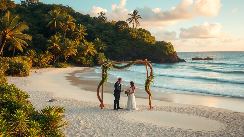 A couple getting married on a beautiful beach in Costa Rica, surrounded by palm trees and ocean waves.