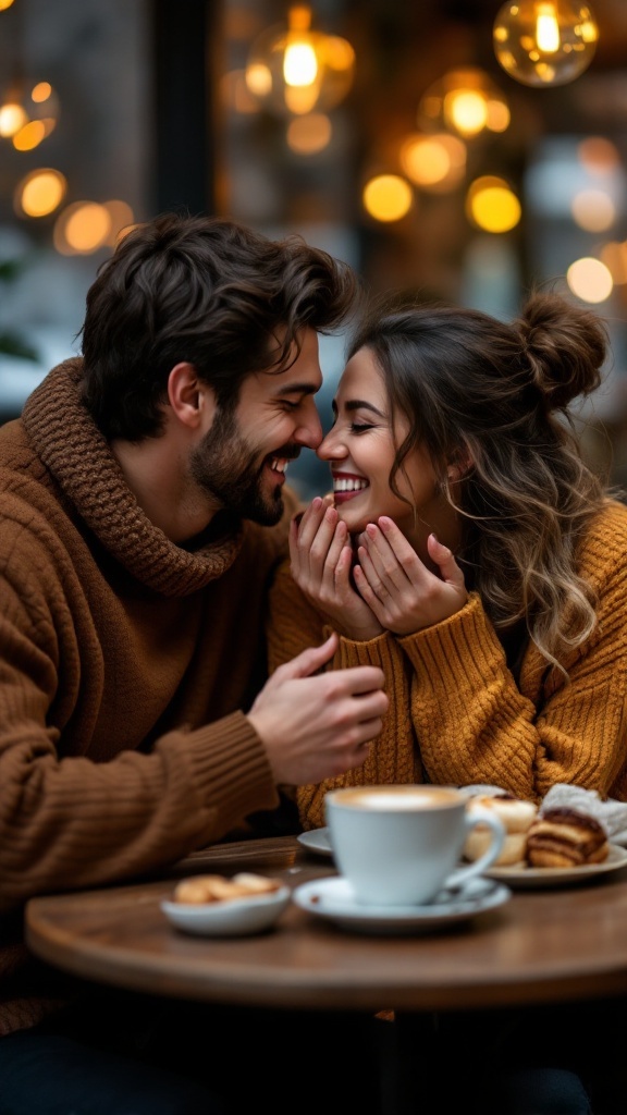 A couple in a cozy café sharing a sweet moment, smiling at each other with soft lights in the background.