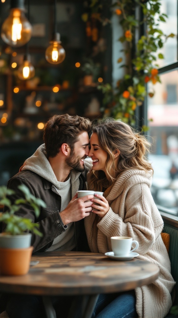 Couple enjoying coffee in a cozy shop, sharing a sweet moment
