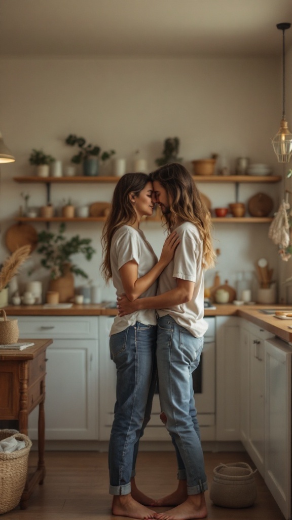 A couple embracing in a cozy kitchen setting, showcasing a relaxed and intimate atmosphere.