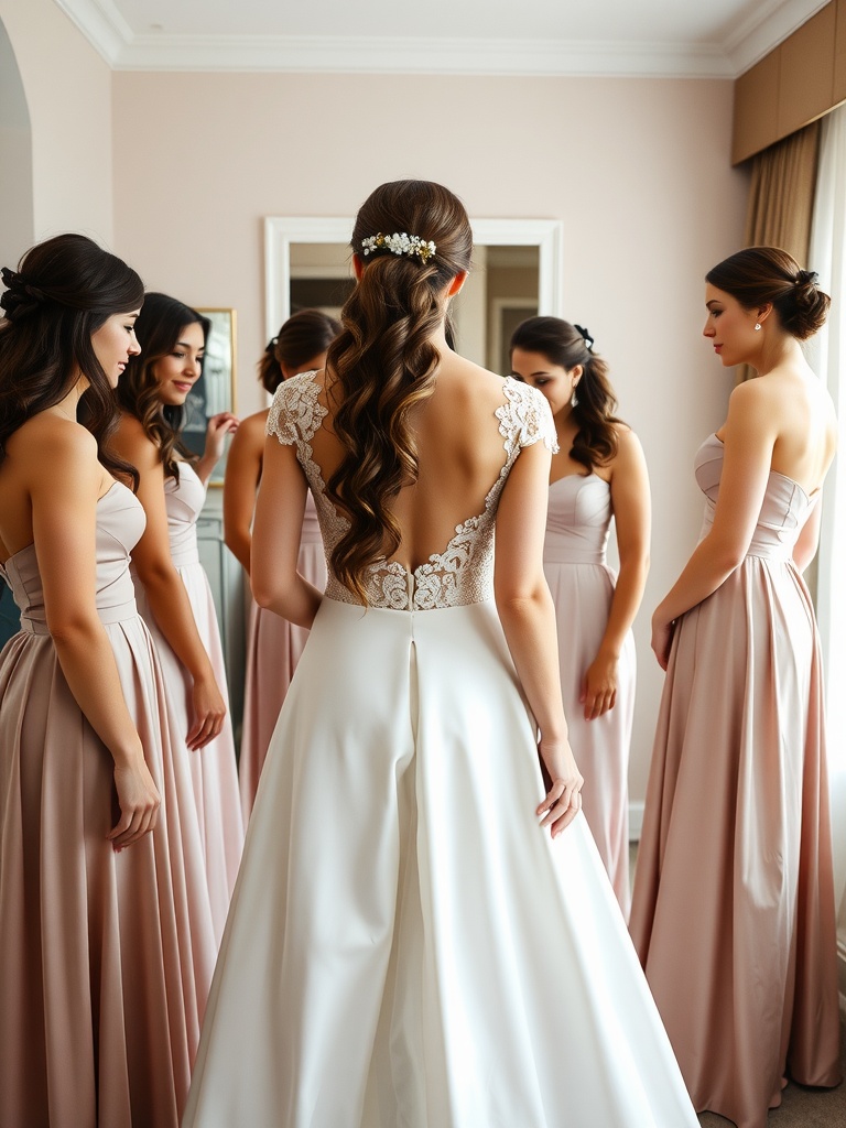 A bride in an A-line wedding dress surrounded by bridesmaids in matching dresses