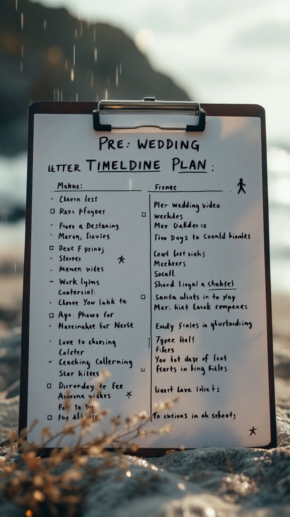 A clipboard with a detailed pre-wedding timeline plan on a beach