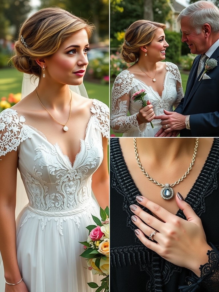 A bride showcasing heirloom jewelry, featuring a vintage-inspired dress and elegant accessories.