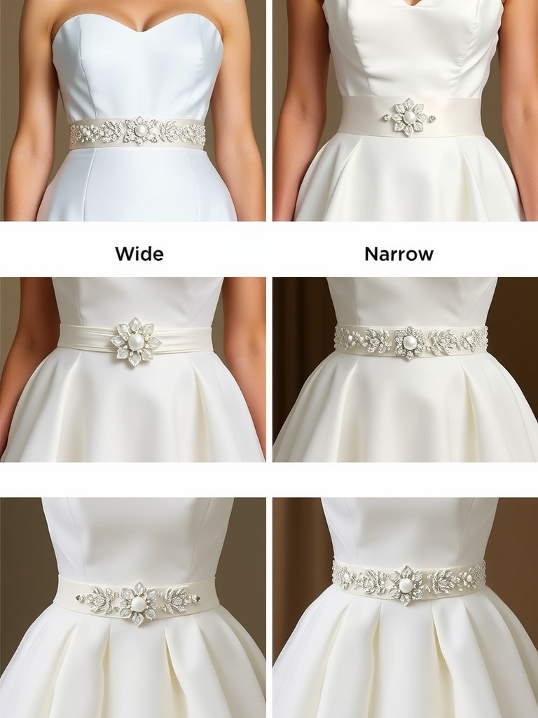 Comparison of wide and narrow belts on wedding dresses