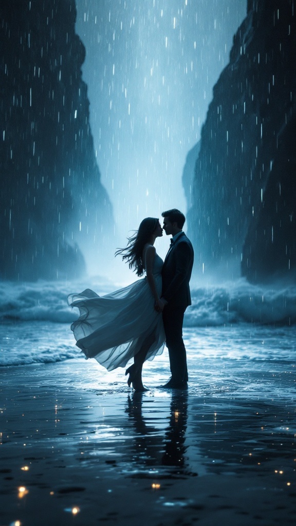 A couple embracing in the rain, framed by dramatic cliffs and ocean waves.