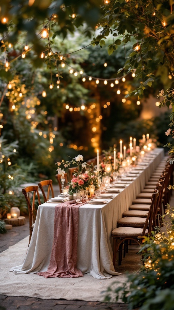 Beautiful outdoor long table set up for a small wedding with flowers and candles