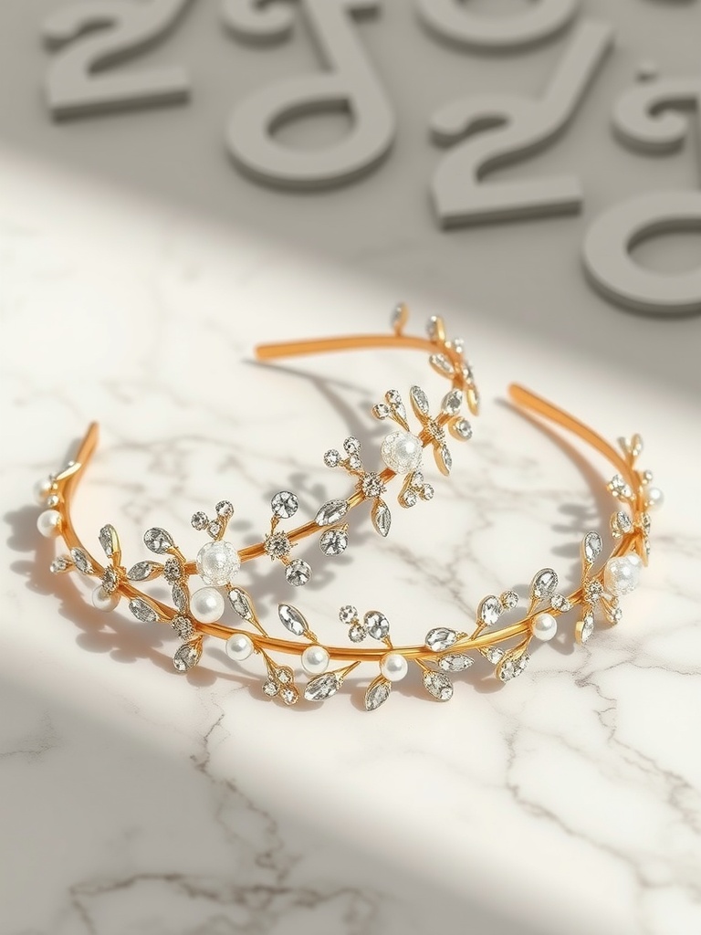 Two crystal-studded hairbands on a marble surface