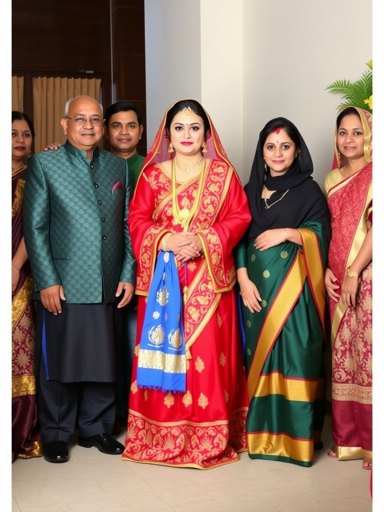 A bride in a vibrant red wedding dress stands among women in colorful traditional attire, showcasing cultural influences in wedding dress color.