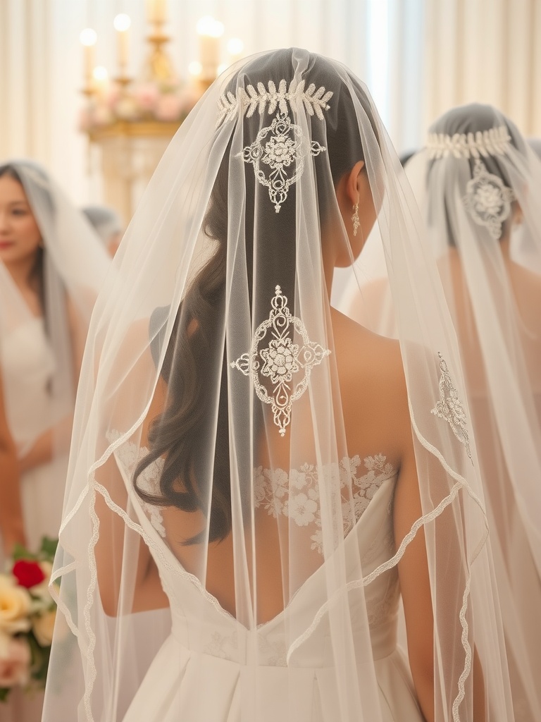 A bride's back view showing a beautifully embroidered veil with lace edges, surrounded by bridesmaids in a wedding setting.