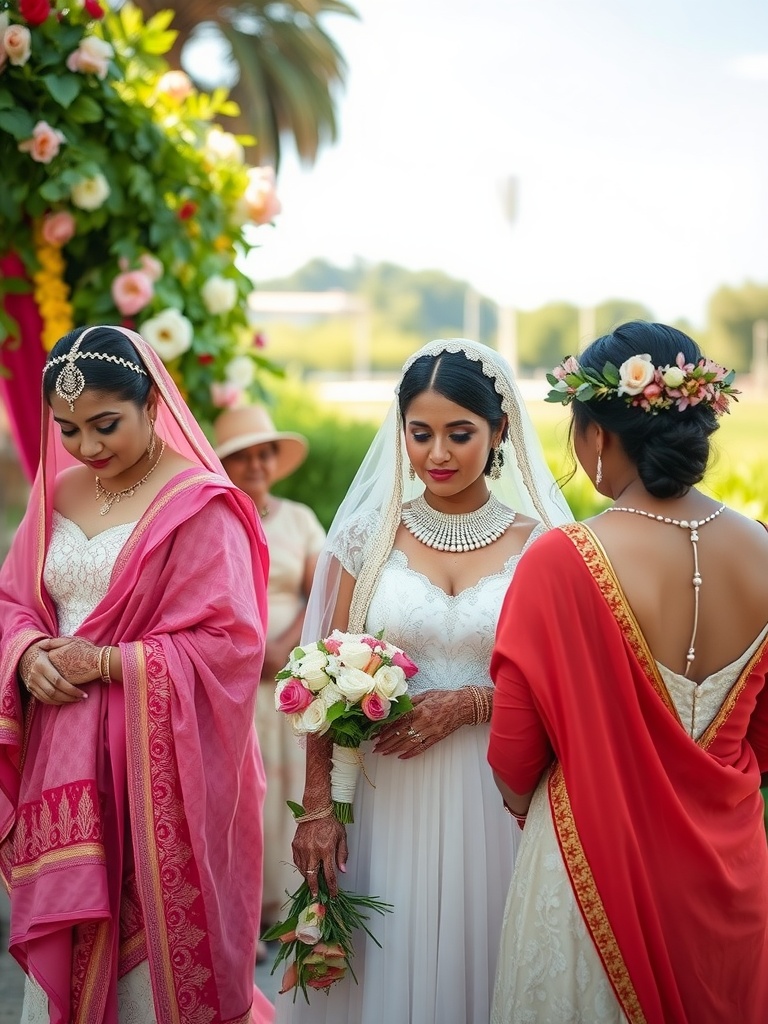 Brides in cultural attire with beautiful accessories, showcasing a blend of styles.