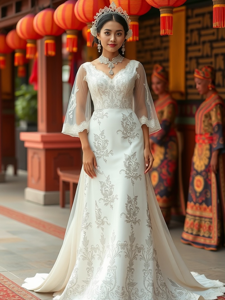 A stunning two-piece wedding dress featuring a crop top and a flowing skirt, displayed outdoors with urban elements in the background.