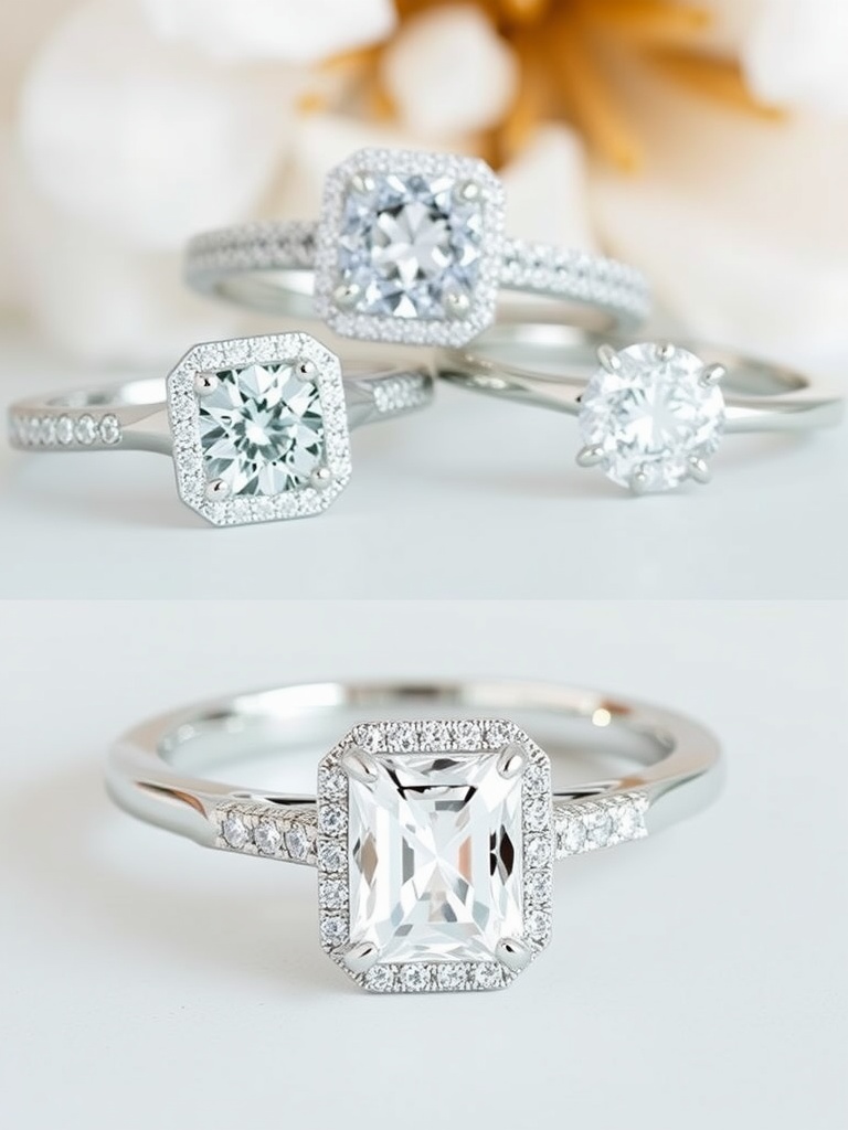 Various hands wearing different cushion cut engagement rings showcasing different styles and finger shapes.