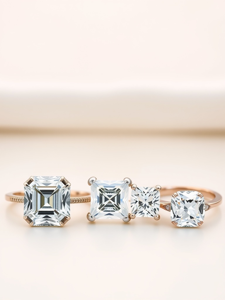 Three cushion cut engagement rings with different styles and settings