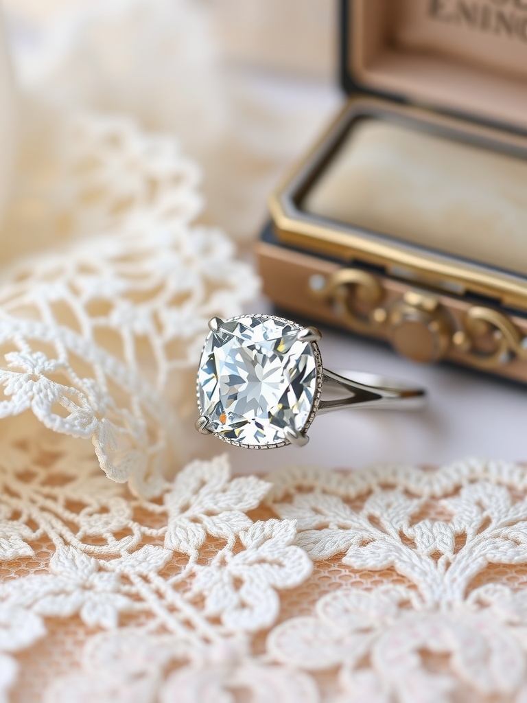 A cushion cut diamond ring displayed on lace fabric next to a vintage ring box.