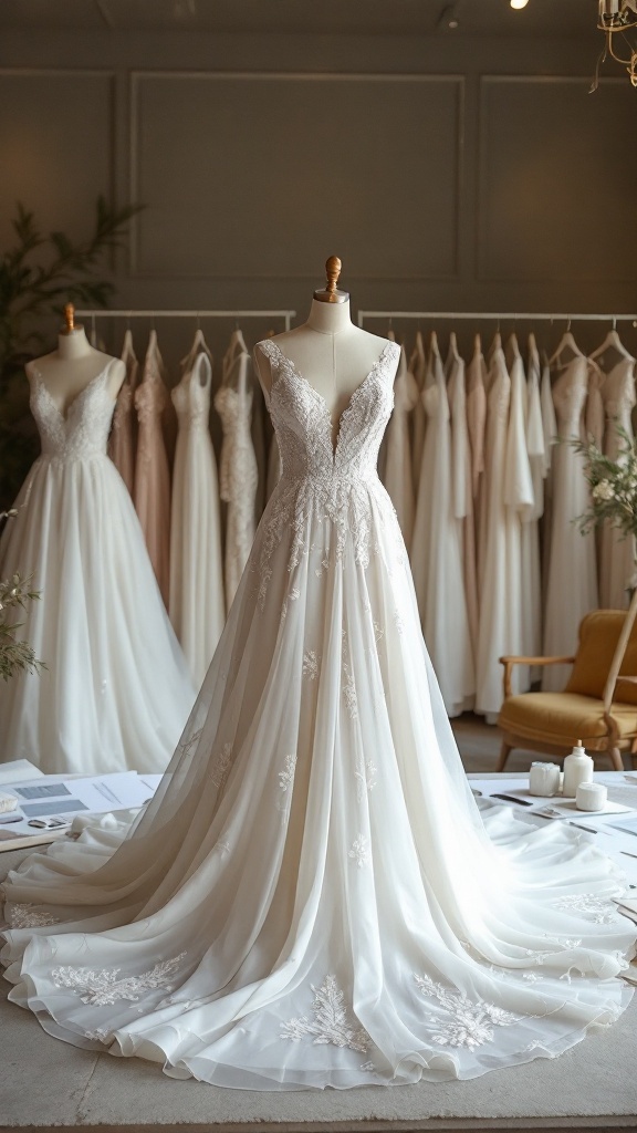 Customizable plus size wedding dresses on display in a bridal boutique, showcasing options with delicate embroidery and varying styles.