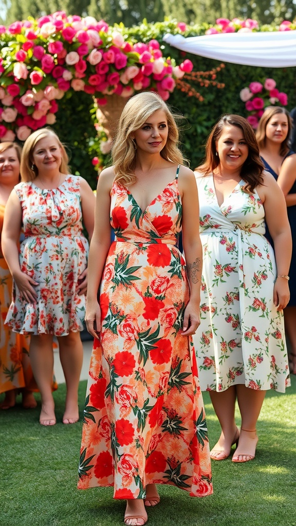 A group of women wearing floral summer dresses at a wedding setting.