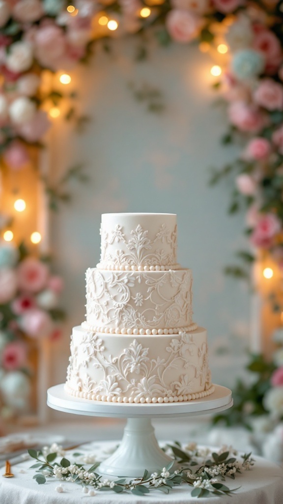 A beautifully decorated vintage wedding cake with intricate designs and floral patterns, set against a backdrop of soft lights and flowers.