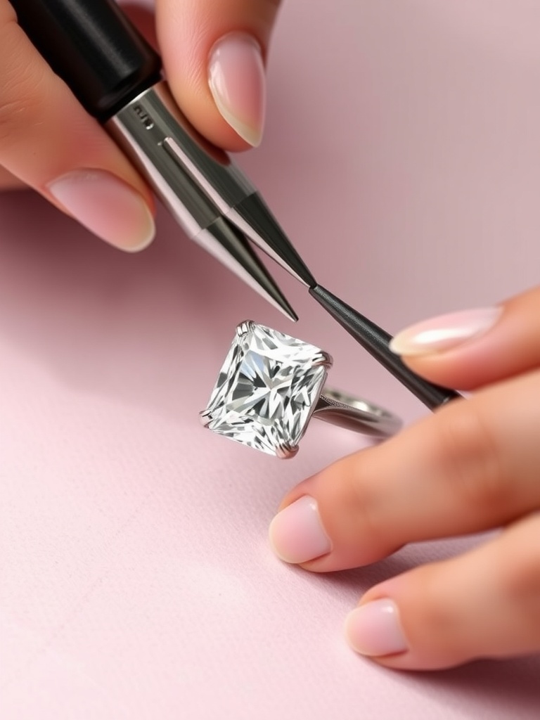 A close-up of a cushion cut diamond being set into a ring, with a focus on the diamond's clarity and the craftsmanship involved.