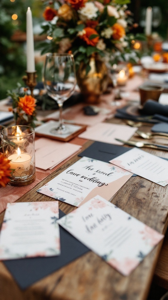 Customized wedding invitations displayed on a wooden table with floral arrangements and candles.