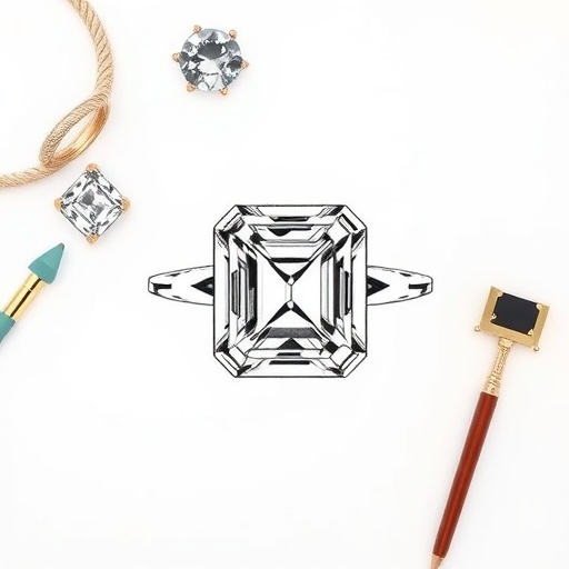 An Asscher cut engagement ring surrounded by design elements and styling tools.