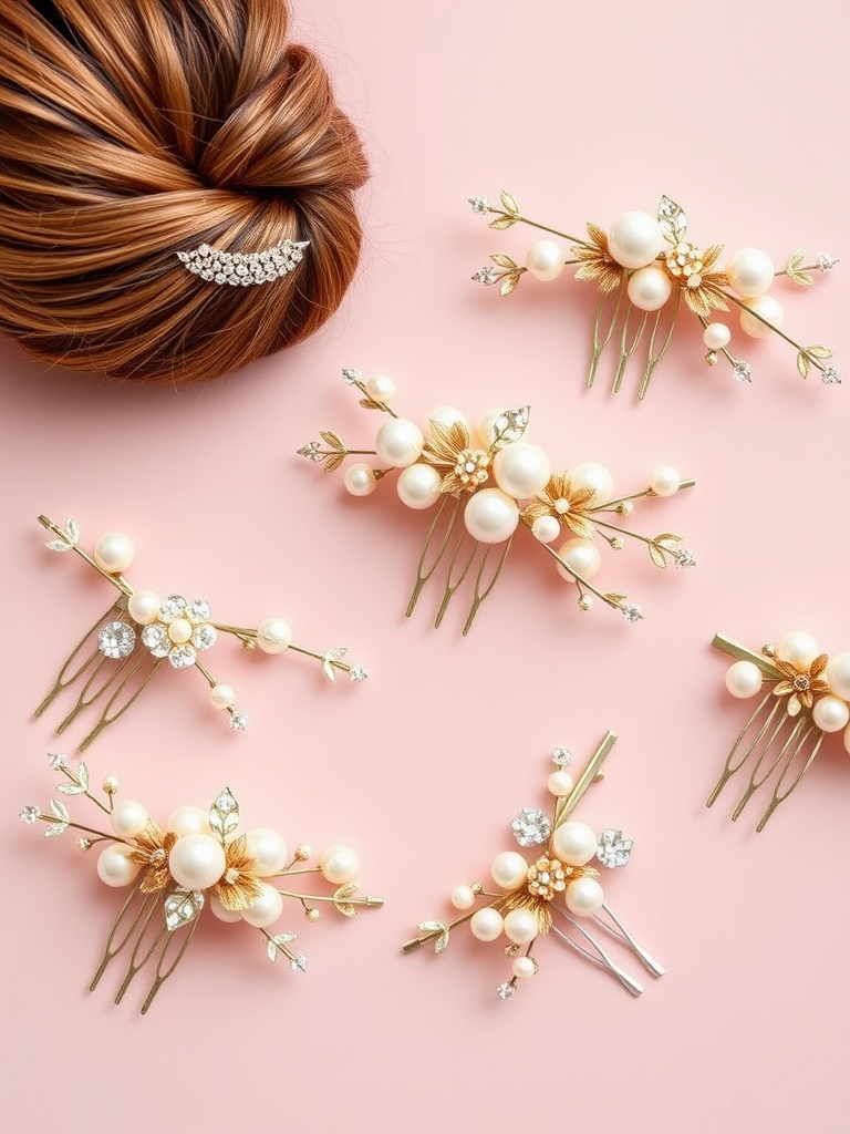 Dainty floral hair clips and pins for bridal hairstyles.
