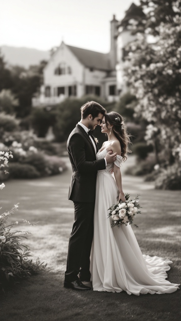 A couple dancing together in a lush garden setting, with the bride wearing a flowing gown and holding a bouquet, and the groom in a suit.
